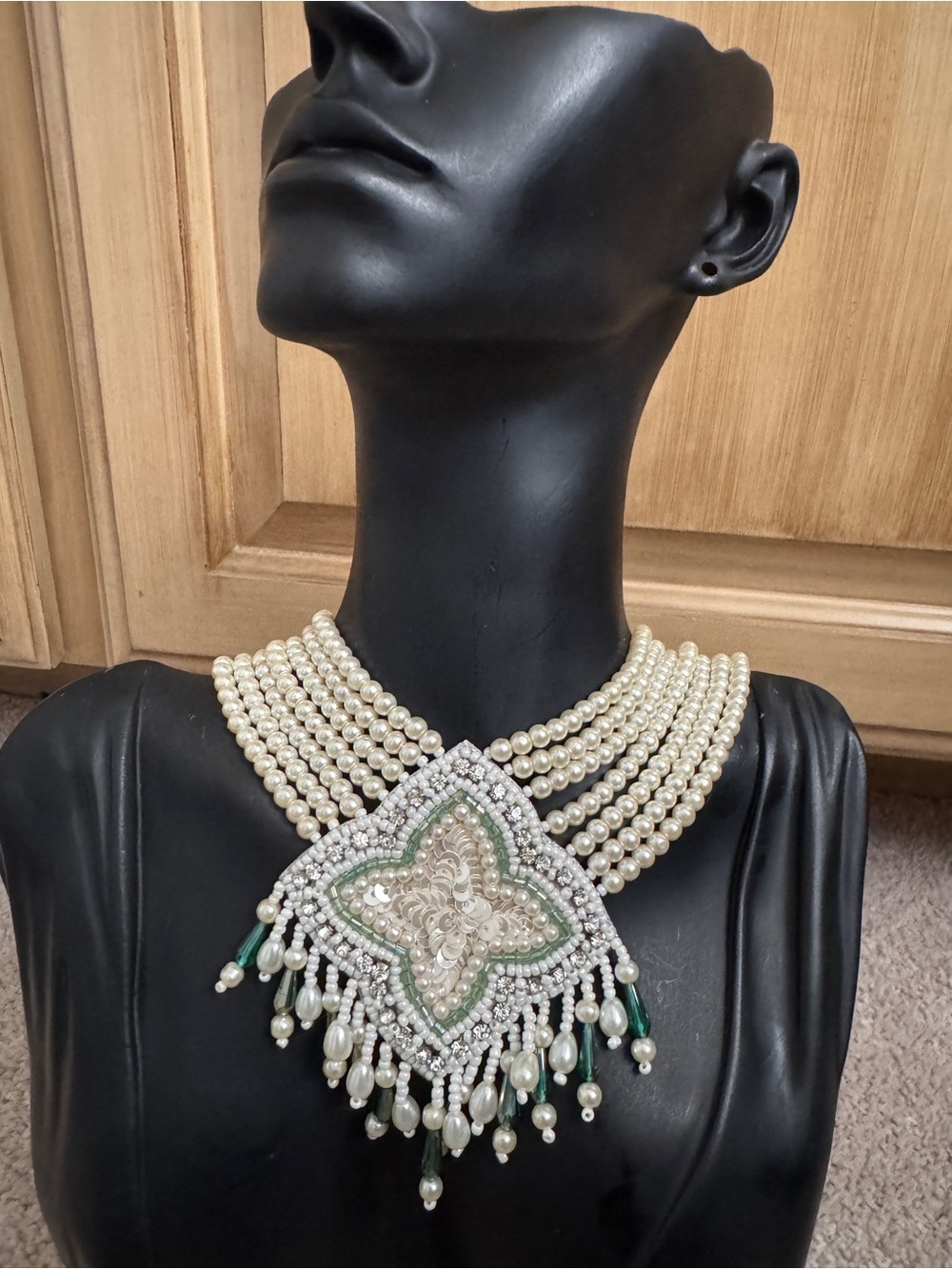 Handcrafted Pearl Multi-Strand Statement Necklace with Green Accent